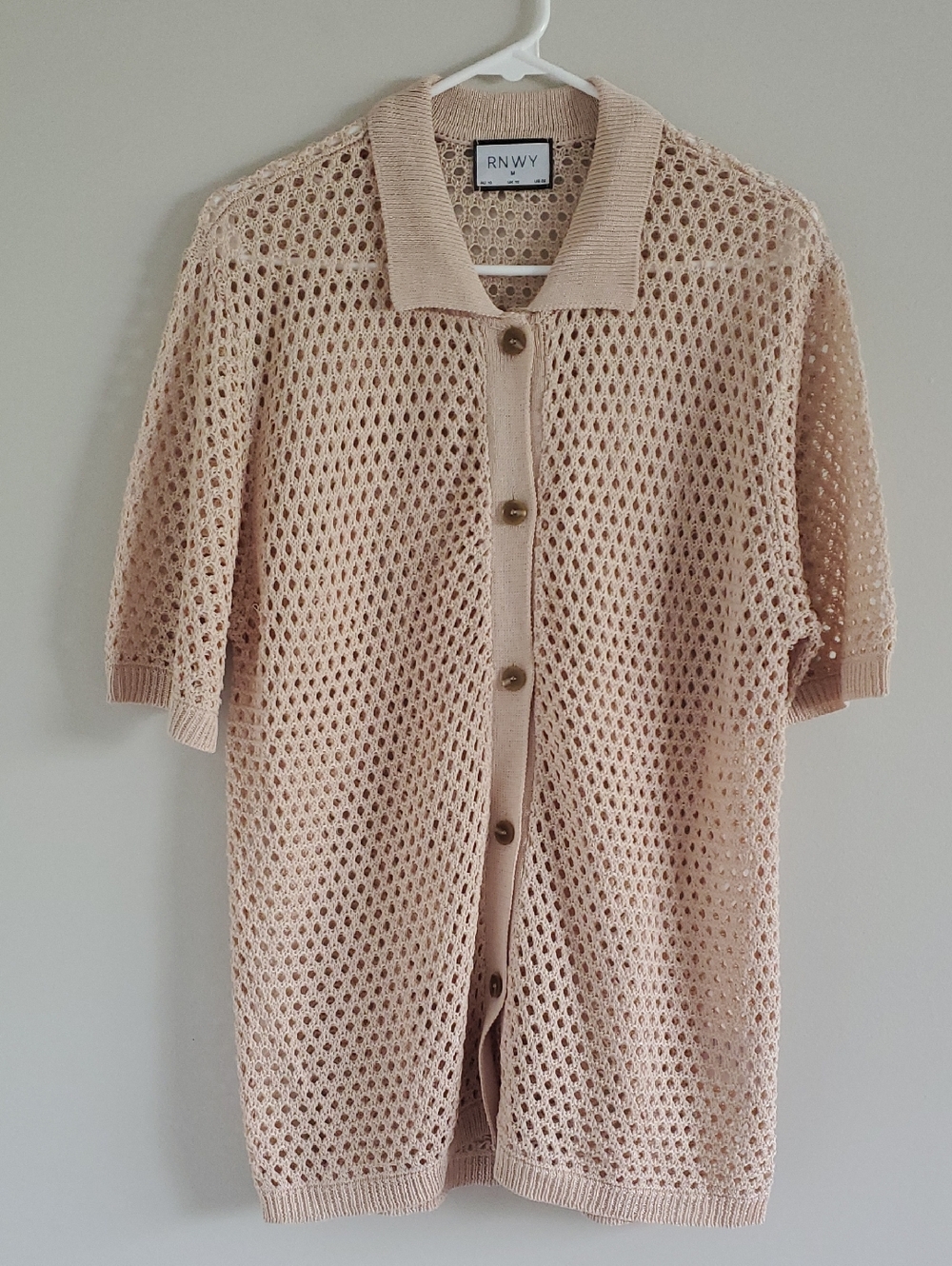 RNWY Open-Knit Short Sleeve Beige Cardigan Shirt Sz M Beach Festival Summer